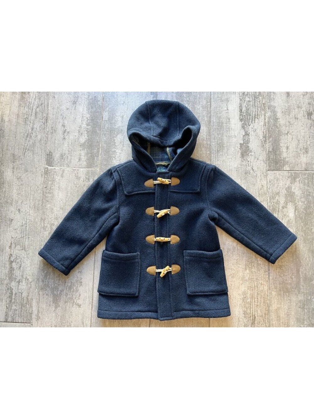 $115 Mini Boden Toggle Wool Blend Hooded Navy Pea Blue Coat Designer Jacket 3-4y